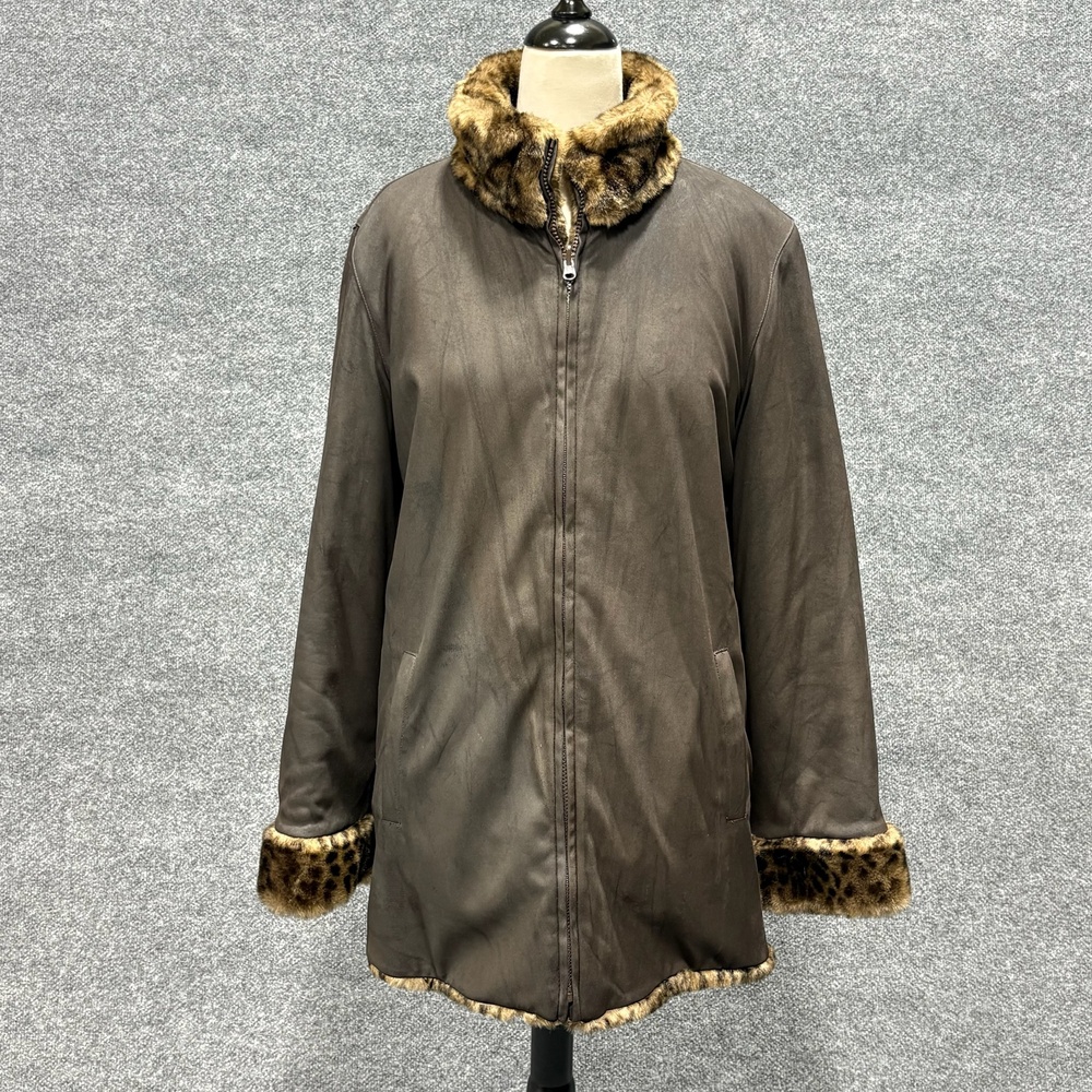 Alpine Studio Coat Womens M Brown Reversible Faux Fur Leopard Zip Mid Length